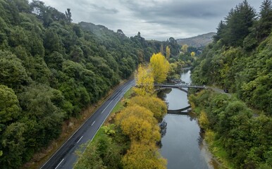 Bridge rossing the Mangawhero River in the countryside. The trees are autumn yellow. Kakatahi,...