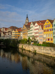 Fototapeta na wymiar Colourful houses by Neckar River in Tubingen