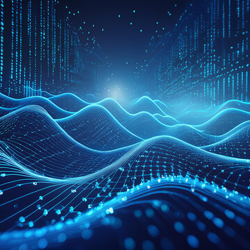 Terabytes of binary code data flying in a stream of information. Wavy field of coded blockchains. Neural network, points and numbers 3D illustration