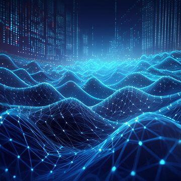 Terabytes of binary code data flying in a stream of information. Wavy field of coded blockchains. Neural network, points and numbers 3D illustration