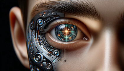 A close-up image of a bionic technology eye on a human face