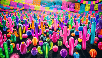 Vibrant Neon Cacti with Multicolored Papel Picado, Colorful Field, Lively and Festive Atmosphere, Cinco de Mayo Background with Mexican Touch

