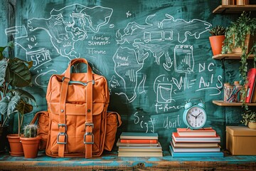 A backpack rests on a wooden desk in front of a blackboard - obrazy, fototapety, plakaty
