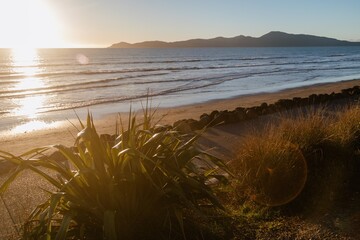 Beach front of Raumati. In the background is Kapiti Island. Paraparaumu, Wellinton, New Zealand.