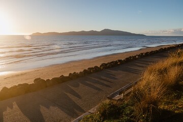 Beach front of Raumati. In the background is Kapiti Island. Paraparaumu, Wellinton, New Zealand.