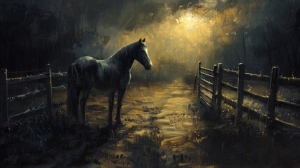 Horse standing in fenced area under light