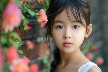 Photo of young Asian girl with flower on background - generative ai