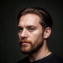 Obraz premium Man with black hair and beard, no expression, staring at camera in dark room