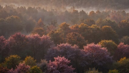 Fototapeta na wymiar A misty forest at sunrise, the trees tinted in soft shades of pink, purple, and gold ai_generative