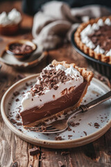 Delicious Plate of Chocolate Cream Pie on a Wooden Table