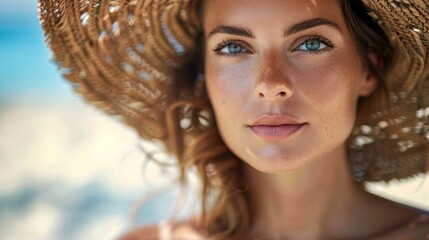 portrait of woman in straw hat on summer background