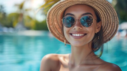 smiling woman in straw hat on beach