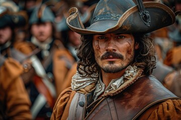 Fototapeta premium Elegant musketeer in historical attire, portraying bravery and chivalry in an enchanting renaissance setting, a symbol of classic heroism and adventure