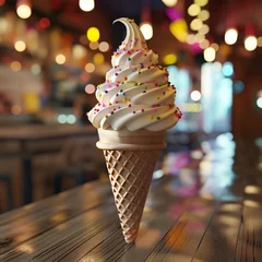 Foto op Plexiglas Un delicioso cono de helado, en un lugar lleno de luces brillantes © patypixie