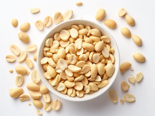 A bowl of peanuts is spread out on a white background. The peanuts are scattered in various sizes and shapes, creating a sense of abundance and variety. The image conveys a feeling of indulgence