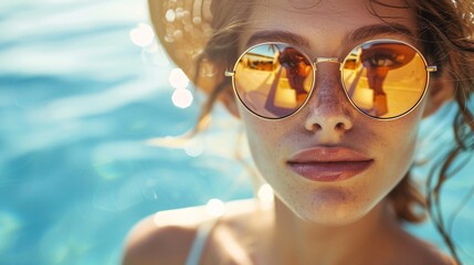 woman in straw hat and sunglasses in pool
