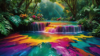 Images of vibrant rainbows melting into pools of liquid color, featuring a rich and tropical color palette including jungle green, golden yellow, fiery orange, and deep magenta ULTRA HD 8K