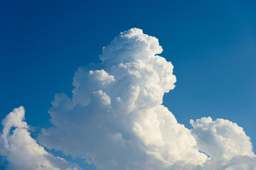 Cumulus white clouds bodies towering in clear blue sky background.
