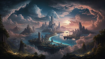 Unearthly landscape in fantasy style. A charming and mysterious atmosphere that captivates you into the cloudy world of colorful dreams. AI generated.