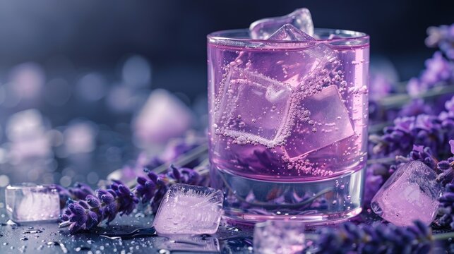 Purple liquid with ice cubes and lavender flowers on a table