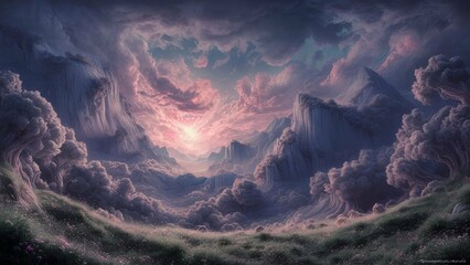 Unearthly landscape in fantasy style. A charming and mysterious atmosphere that captivates you into the cloudy world of colorful dreams. AI generated.