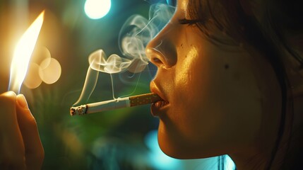 Fototapeta premium The man smoke an cigarette on the background of bright light