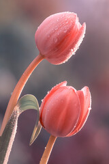 Wiosna, różowe tulipany w kroplach rosy. Makro kwiaty