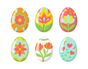 Vector cartoon Easter Eggs with floral ornaments. Pastel colored eggs with volume on white