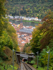 Heidelberg and the Neckar river seen from Bergbahn - obrazy, fototapety, plakaty