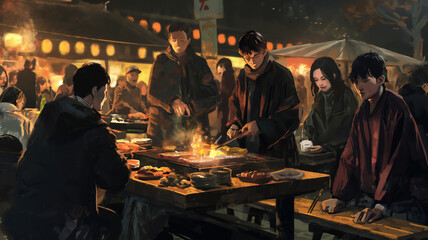 Illustration of a bustling night market with people grilling food and customers waiting, warm ambiance.