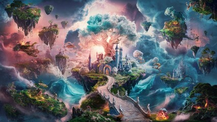 Fototapeta premium Unearthly landscape in fantasy style. A charming and mysterious atmosphere that captivates you into the cloudy world of colorful dreams. AI generated.