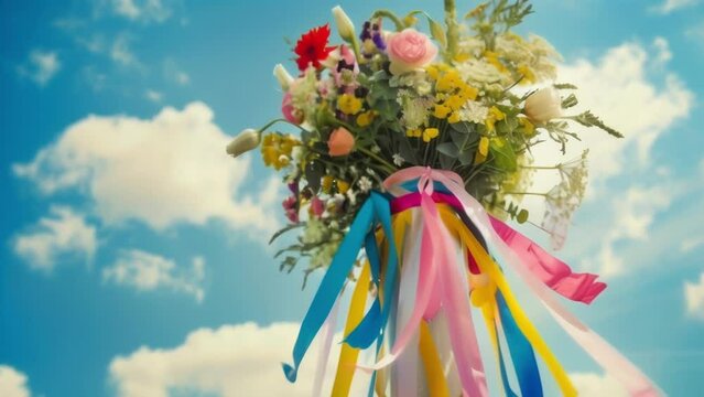 a traditional Maypole with ribbons and flowers for a spring festival. .