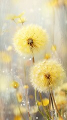 A rain scene with dandelion blossom flower yellow.