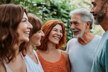 Portrait of a smiling senior couple with their family in the garden.
