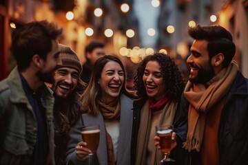 Group of friends having fun on the street, drinking beer and having fun.