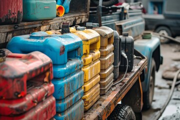 Racing fuel canisters on the driving track for motorsport enthusiasts and drivers