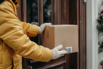 Contactless home delivery. hands holding and delivering parcel next to front door