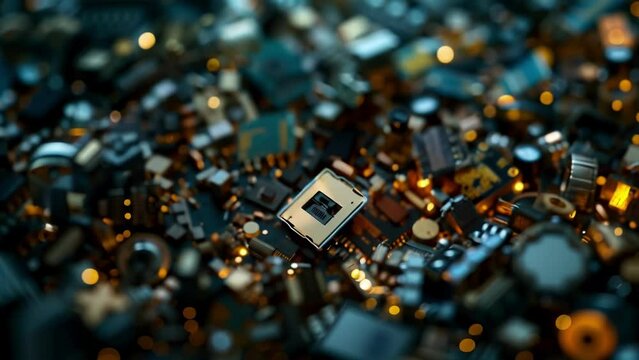 The background of the image is a sea of defocused hardware creating a mesmerizing blend of metallic shapes and ling lights. .