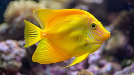Yellow fish with blue and white stripes swims in aquarium