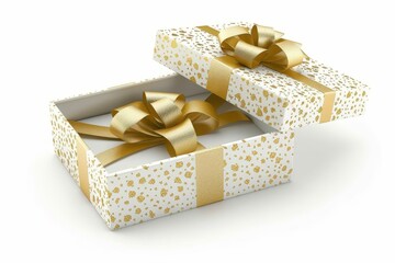 open gift box with shiny bow and ribbon 3d illustration on white background