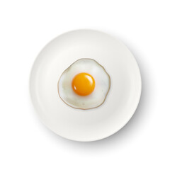 Vector 3d Realistic Fried Egg on a White Dish, Plate Closeup Isolated in Top View. Design Template of Scrambled Eggs, Fried Egg, Omelette. Delicious Breakfast, Food, Culinary Concept