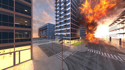 攻撃される未来都市の風景　3DCGレンダリング - obrazy, fototapety, plakaty