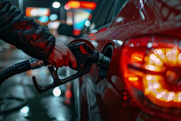 Persons hand filling up car with gas at oil station on a dimly lit street at night