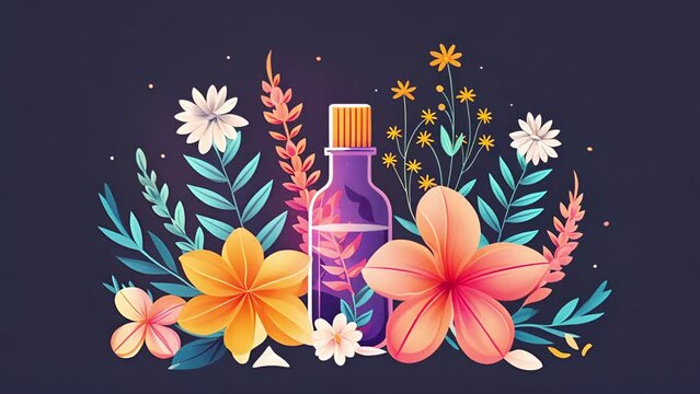 Logo pushing towards vector art of a bottle of essential oils surrounded by flowers for aromatherapy, wellness, spirituality or healing center