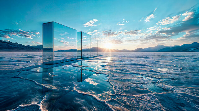 Reflections on reflections. Mirror sculpture in a desert salt flat. AI Generated