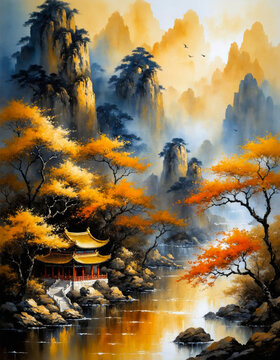 Ink landscape painting. Traditional oriental ink painting go-hua. Chinese painting classic landscape with mountains. Artistic conception landscape painting, golden texture.