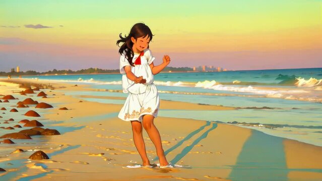 Adorable happy little girl on white beach at sunset Cute kid dance on the tropical seashore in slow motion video seamless loop animation