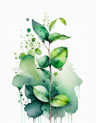 Watercolor illustration of green Eucalyptus with broad leaves, growing upright against a white background
