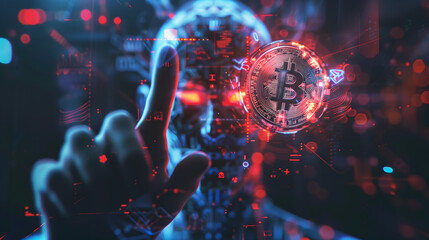 A ai man hand reaches towards a glowing Bitcoin, vibrant digital interface, dynamic world of cryptocurrency trading and blockchain technology