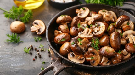 A pan of mushrooms and herbs